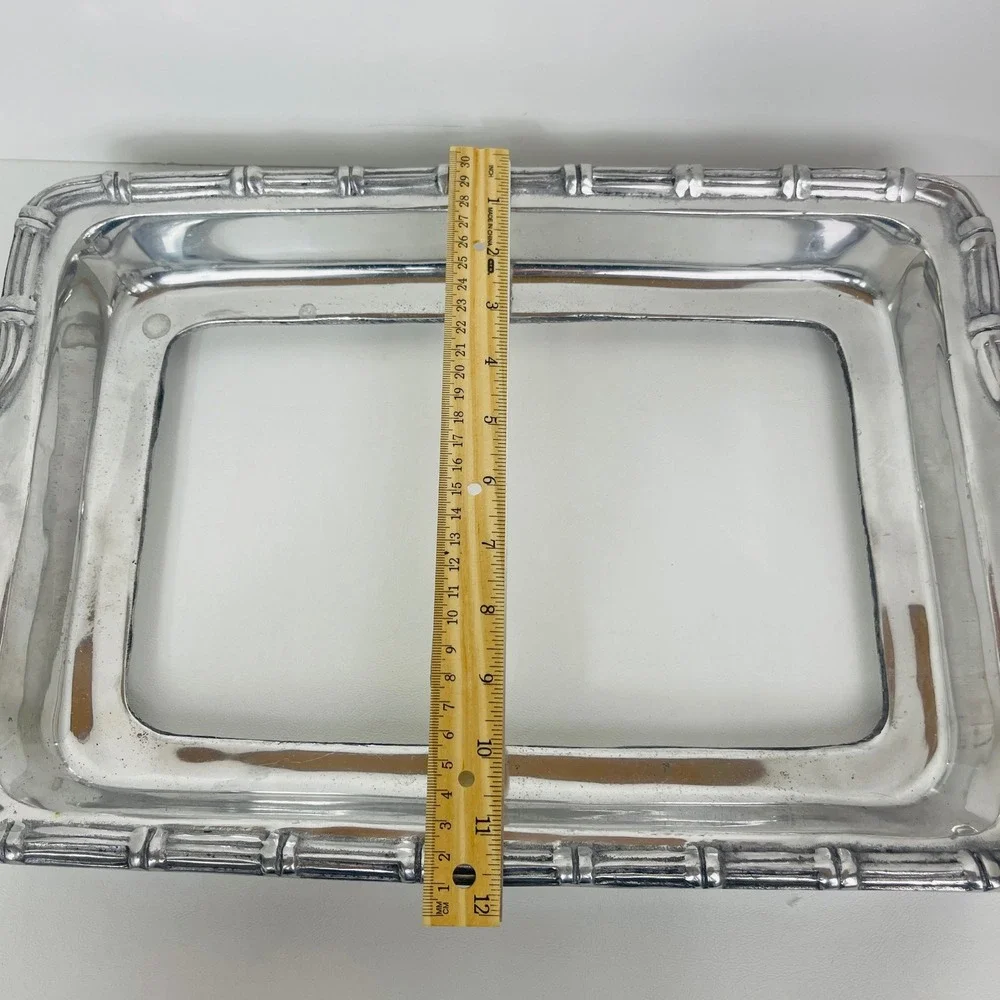 Unbranded Casserole Dish Holder Silver Bamboo Trim Rectangular Pewter Good